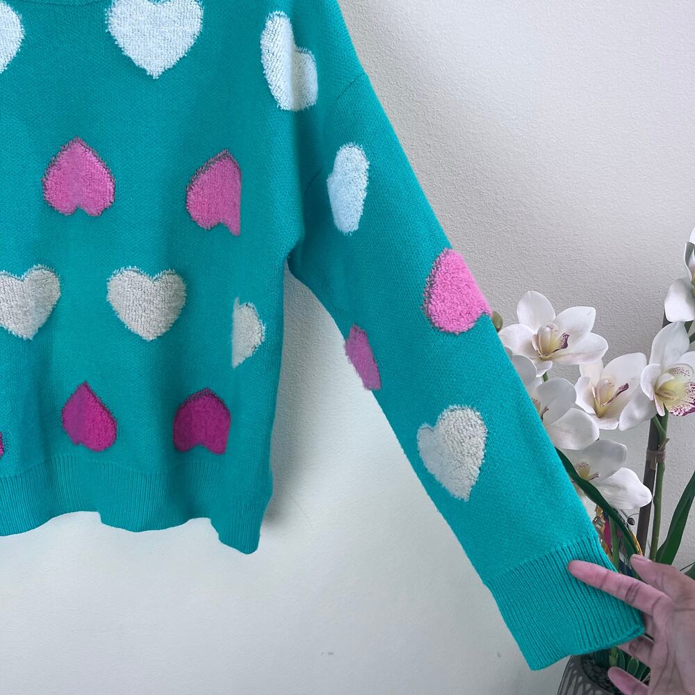 Green Casual Women's Heart Pattern Crew Neck Drop Shoulder Sweater Size M/L - Picture 4 of 7